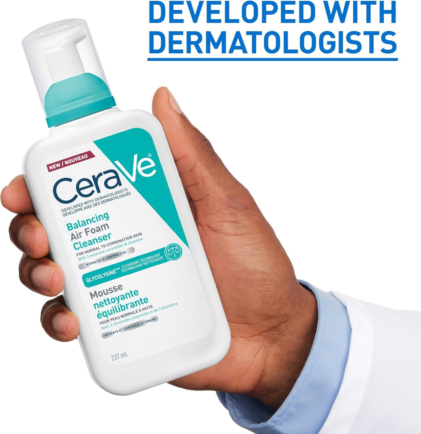 CeraVe Balancing Air Foam Cleanser, Gentle Facial Cleanser For Normal to Combination Skin With 3 Ceramides and Glycolysine™, 8HR Oil Control & 24HR Hydration, Lightweight Air-Foam Texture, 237ml