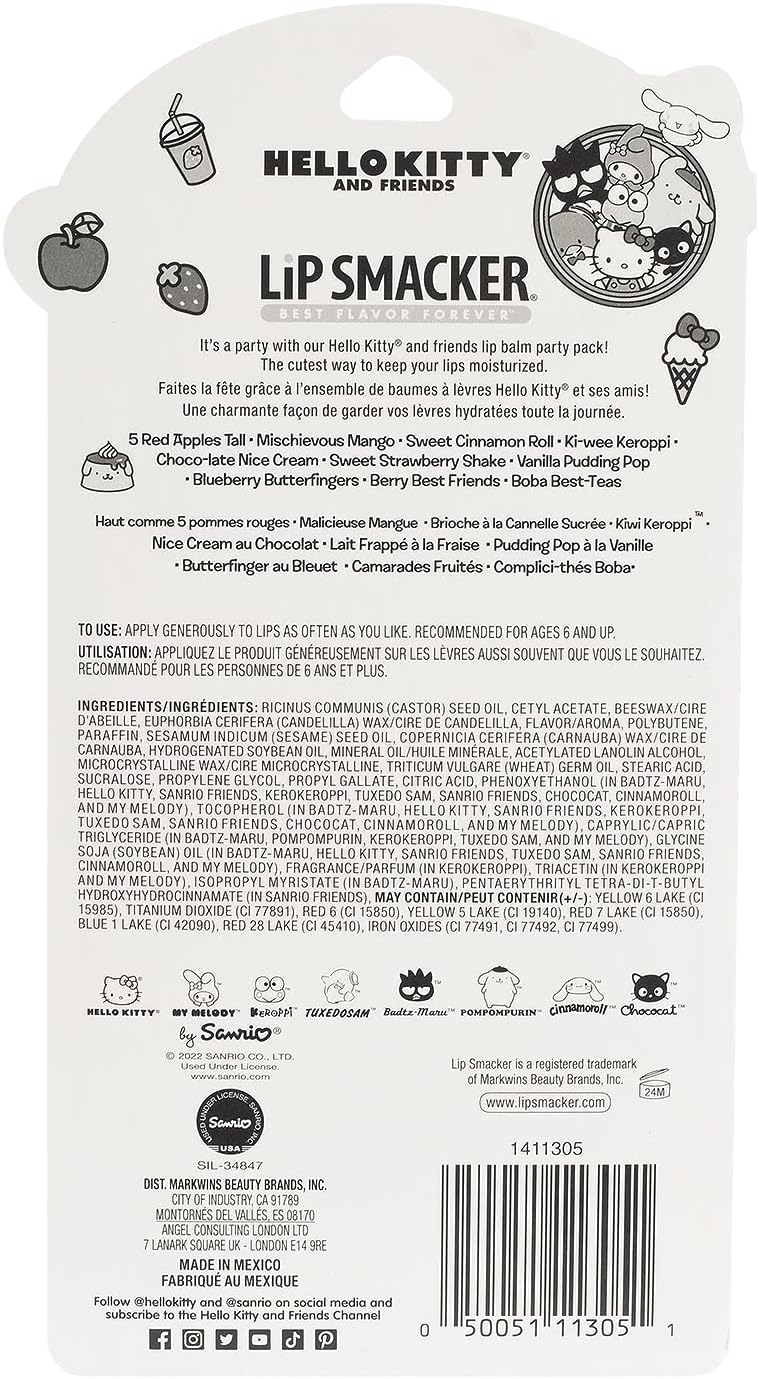 Lip Smacker Sanrio Hello Kitty 和朋友 10 片口味潤唇膏派對裝,透明啞光,適合兒童、男士、女士、乾燥嘴唇、My Melody、Little Twin Stars 和 Chococat