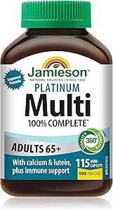 Jamieson 100% 複合維生素鉑金片,適合 65 歲以上成人,含番茄紅素、葉黃素及其他免疫支持成分。支持能量、眼部健康、骨骼健康和整體健康,無麩質,每日一片,115 粒迷你膠囊