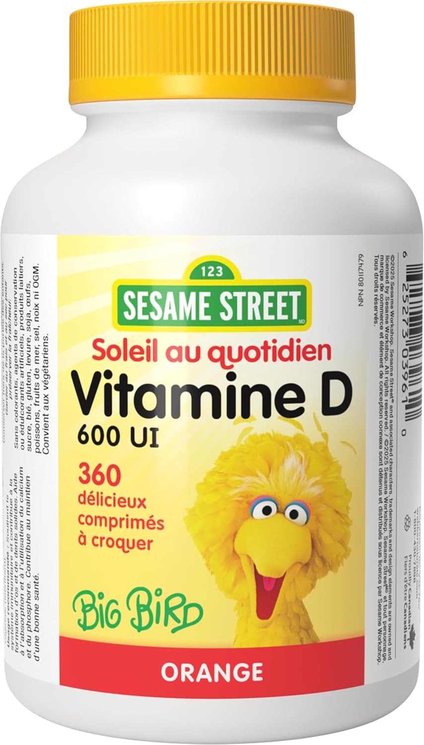 芝麻街每日阳光维生素 D3 儿童咀嚼片,360 片咀嚼片,每片含 600 国际单位维生素 D,适合 3 岁及以上儿童