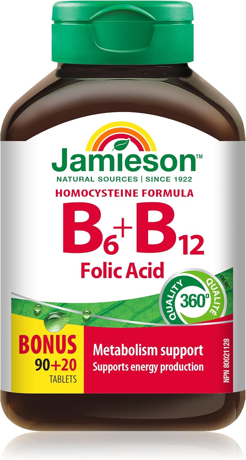 Jamieson 维生素 B6 75 微克、维生素 B12 150 微克和叶酸 800 毫克片剂,天然提升能量,增强免疫功能,促进健康孕期和胎儿发育。素食,无麸质,110 片装