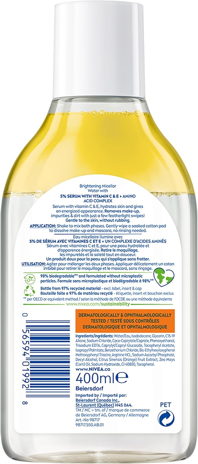 NIVEA Skin Brightening* Micellar Water for Dull and Sensitive Skin, Eyes, Lips and Face Cleanser with Vitamin C, Vitamin E and Amino Acid Complex for a More Radiant-Looking Complexion, 400mL