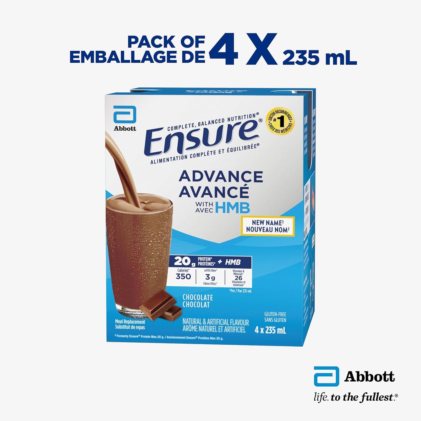 Ensure Advance,代餐奶昔,蛋白质奶昔,含 20 克蛋白质,有助于增强肌肉,巧克力味,4 x 235 毫升瓶装