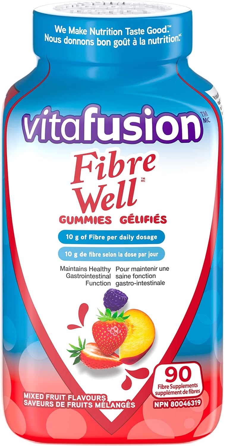 Vitafusion Sleepwell Plus 成人维生素软糖,每日剂量含 10 毫克褪黑激素和 Fibre Well 成人补充软糖,含 10 克纤维,90 粒(22 天用量),包装可能有所不同。