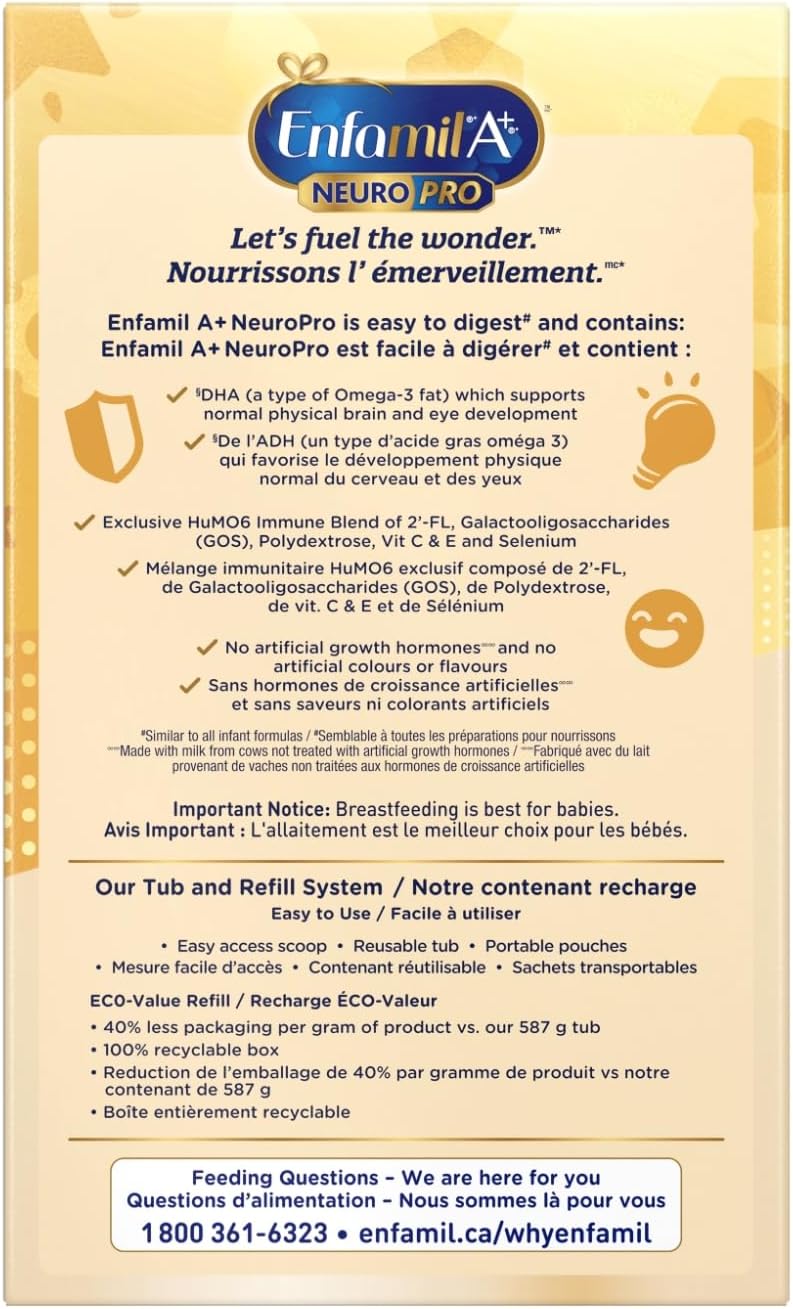 Enfamil A+ NeuroPro 嬰兒配方奶粉,補充裝紙盒,含促進大腦發育的 DHA 和 2'FL,用於免疫支持,0-12 個月,2 x 445 克(890 克)