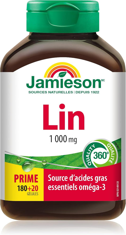 Jamieson Flax Oil 1,000 mg Softgels, Bonus Size, Flaxseed Oil, Providing 500 mg Omega-3, ALA, Non-GMO, Gluten-Free, 200 Count, Proudly Canadian