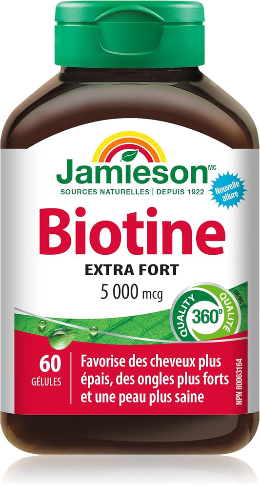 Jamieson Extra Strength Biotin 5,000 mcg Softgels, Easy to Swallow, Supports Thicker Hair, Healthier Skin, and Stronger Nails. Gluten-Free, No Artificial Flavours, Colours, or Preservatives, 60 Count, Proudly Canadian