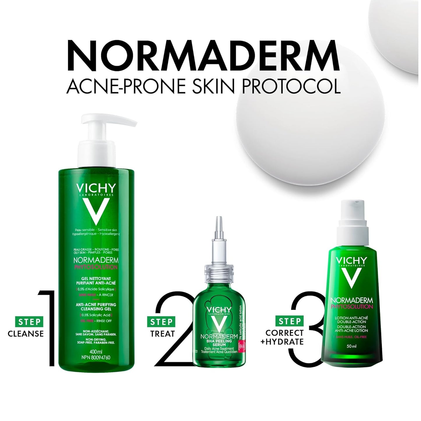 薇姿抗痘潔面乳、Normaderm 水楊酸淨化潔面啫咖哩,以及含透明質酸的抗痘保濕乳液套裝,無油配方,不致粉刺,皮膚科醫生推薦