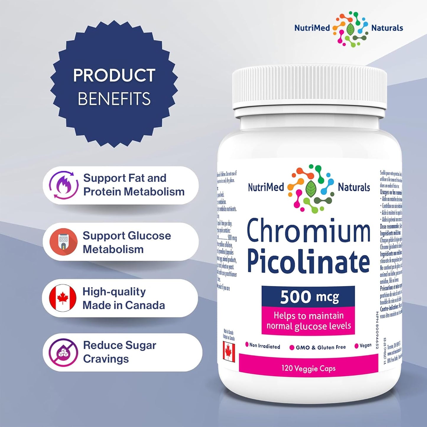 Nutrimed Naturals - Chromium Picolinate 500mcg, 120 Capsules 120-Day Supply - Glucose and Blood Sugar Support - Muscle Mass and Metabolism Support - 3rd Party Tested - Formulated & Made in Canada