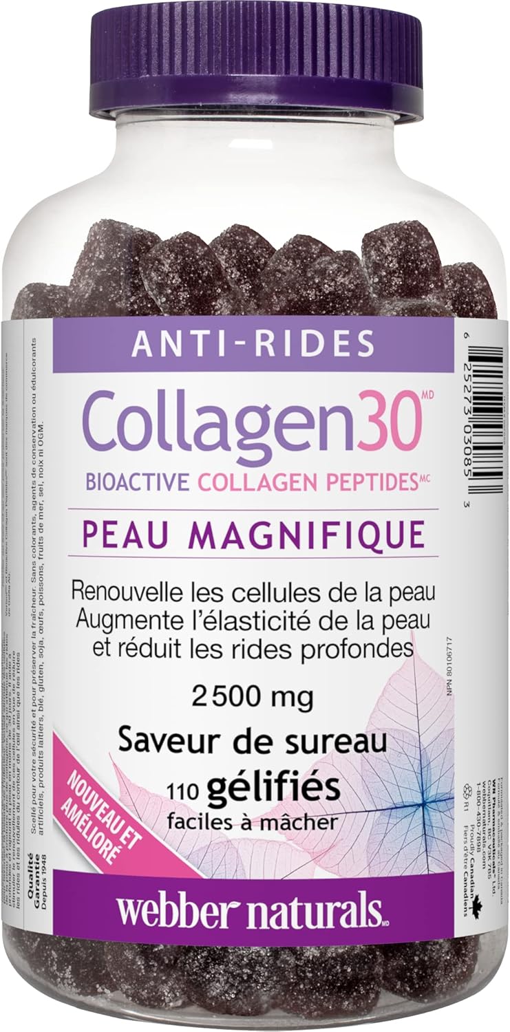 Webber Naturals 膠原蛋白 30 抗皺軟糖和維生素 D3 1,000 IU,90 粒軟糖,有益於骨骼和牙齒健康,保持身體健康,不含麩質和乳製品,非基因