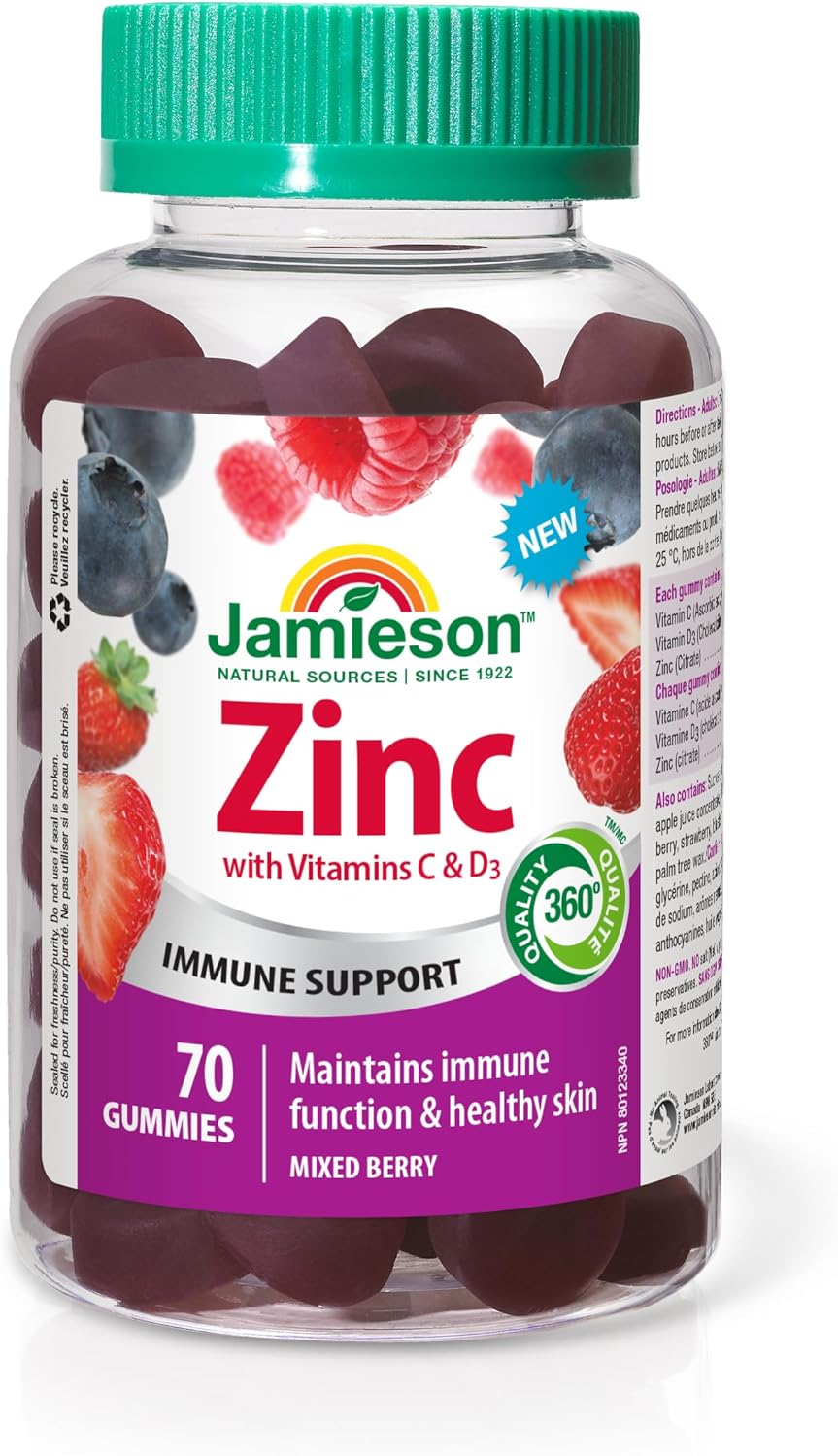 Jamieson Zinc 15 mg Gummies Mixed Berry Flavour, with 50 mg Vitamin C and 400 IU Vitamin D3, Supports Immune Health, Bone Health, Healthy Hair, Skin, and Nails. Vegetarian, Gluten-Free, No Artificial Colours, Flavours, o…