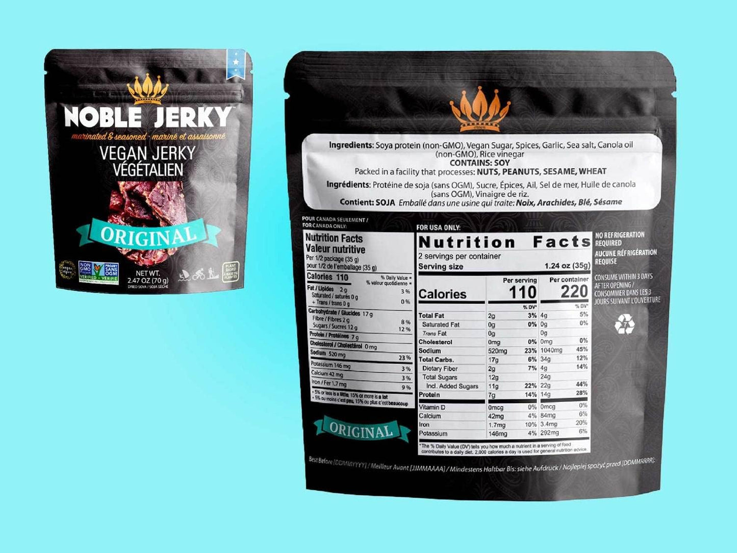 Noble Jerky – Vegan Jerky Variety Pack, Plant-Based Protein Snack, 14g Protein Per Bag, Vegetarian, Non-GMO, Healthy Snack, 5 Pack (70g Bags, Teriyaki, Chipotle, Original, BBQ, Hickory)