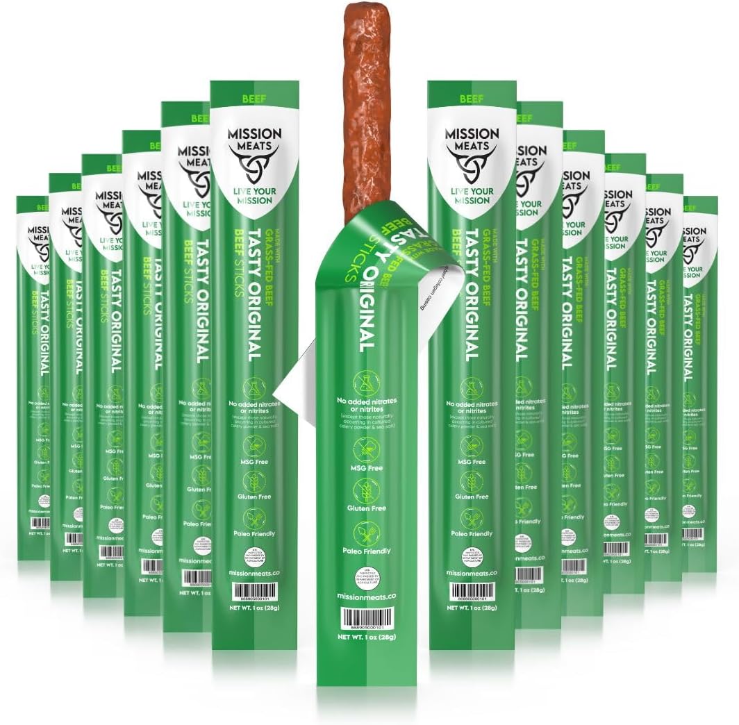 排名第一的美味非基因改造草飼牛肉棒,不含麩質、味精、硝酸鹽、亞硝酸鹽,原始人飲食零食,生酮健康天然肉棒,12 包