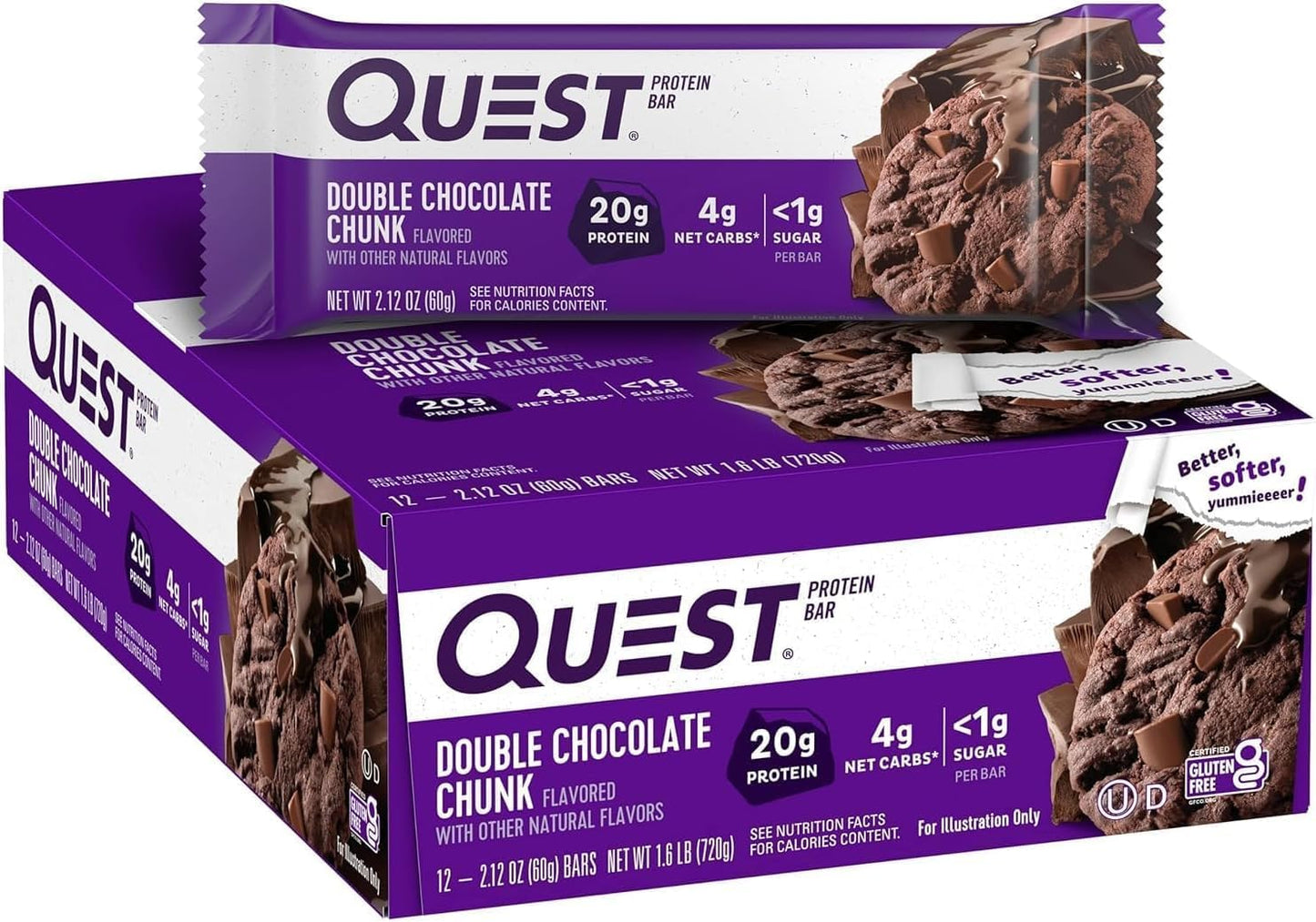 Quest Nutrition 雙倍巧克力塊蛋白棒,高蛋白,高纖維,低糖,適合生酮飲食,20 克蛋白質,1 克糖,12 支