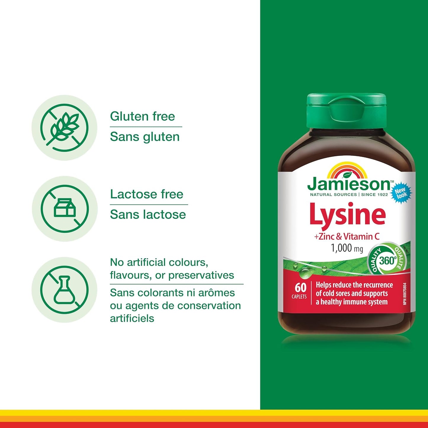 Jamieson Lysine 1,000 mg, with Zinc and Vitamin C, Cold Sore Support, and Helps Immune Health. Essential Amino Acid, Non-GMO, Gluten-Free, 60 Vegetarian Caplets, Proudly Canadian