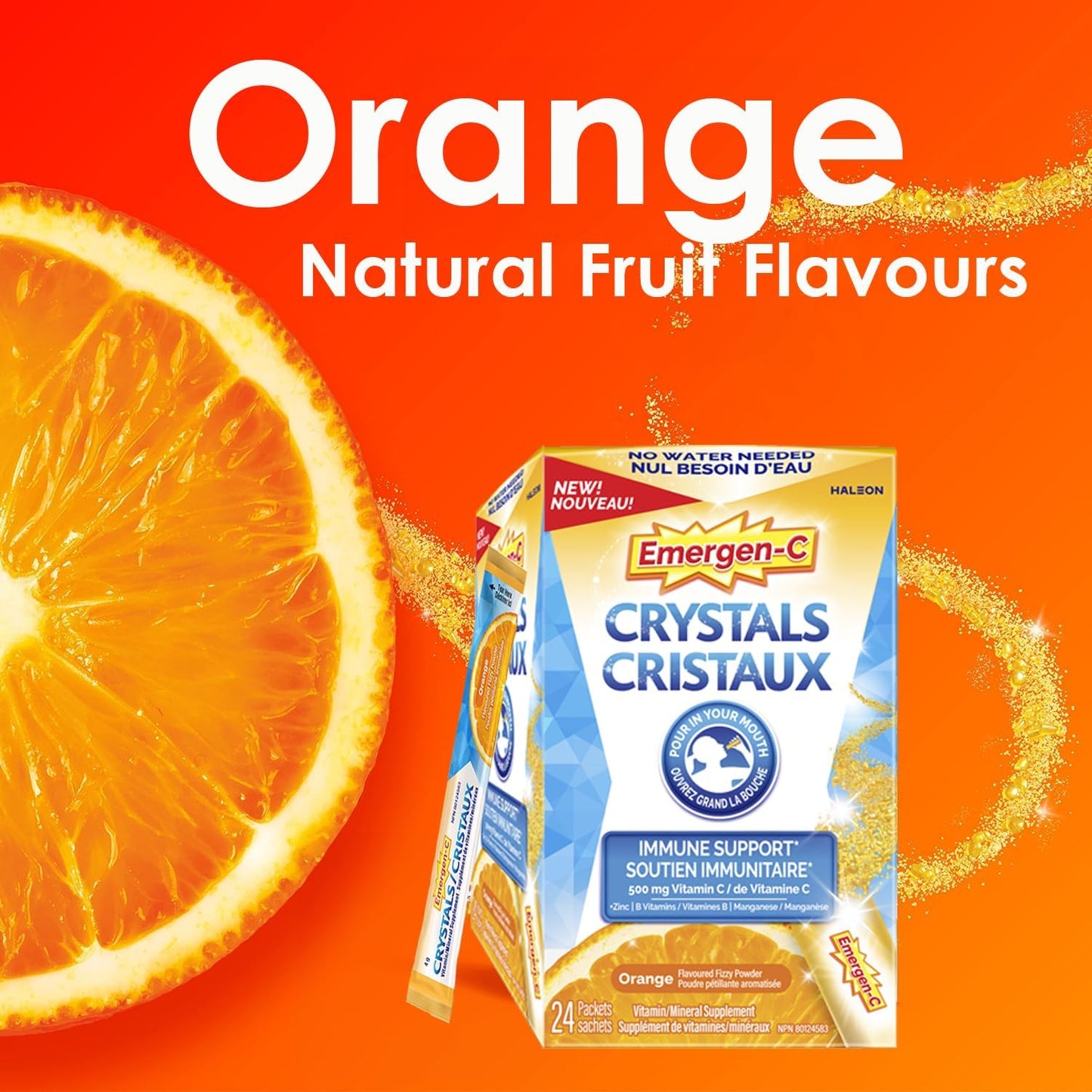 Emergen-C Crystals 便攜式免疫支持補充劑,含維生素 C、鋅、B 群維生素和錳,橙味,24 包