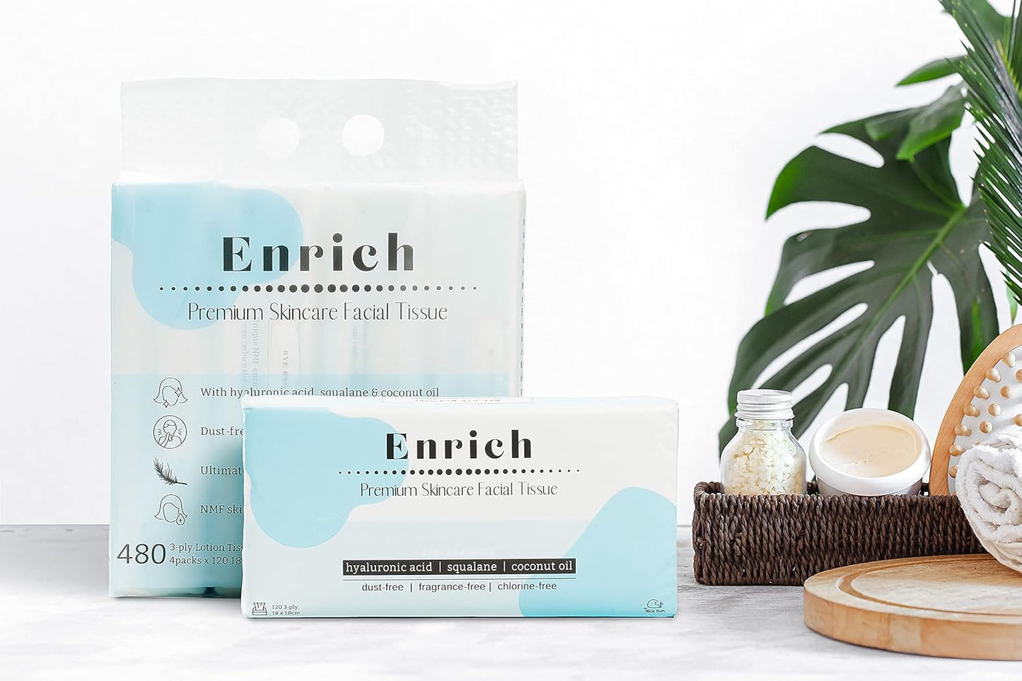 The Nice Bum Enrich Tissues Family Pack | Premium Skincare Facial Tissue | Non-GMO & Vegan | Dust, Fragrance, and Chlorine-Free | Ultra-Strong 3-Ply | 120 Tissues Per Pack