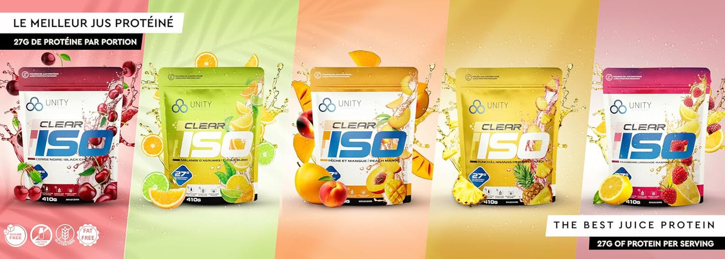 Unity Supplements CLEAR ISO 蛋白粉 - 草飼乳清分離蛋白 - 果汁質地 - 運動後恢復飲料混合物 - 酮類友好且無糖 - 每份含 27 克蛋白質 - 410 克(桃芒果味)