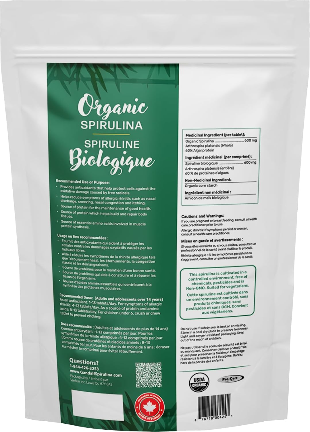 Gandalf Organic Spirulina 600mg 150 Vegan Tablets, Ultra Pure Blue-Green Algae, Rich in Iron, Amino Acid & Antioxidant, Non-GMO, Support Energy, Vitality & Immune Health