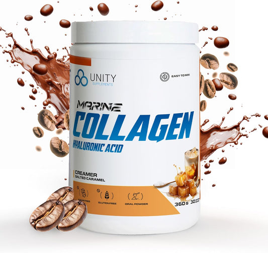 Unity Supplements 含透明质酸的海洋胶原蛋白粉 - 咸焦糖味咖啡甜味剂 - 360 克,30 份 - 每份含 10 克海洋胶原蛋白 - 促进皮肤、指甲、头发和关节健康