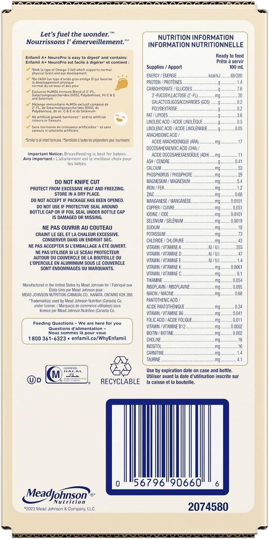 Enfamil A+ NeuroPro 嬰兒配方奶粉,即食,奶嘴瓶裝,含促進大腦發育的 DHA 和 2'FL 免疫支持,0-12 個月,18 x 237 毫升