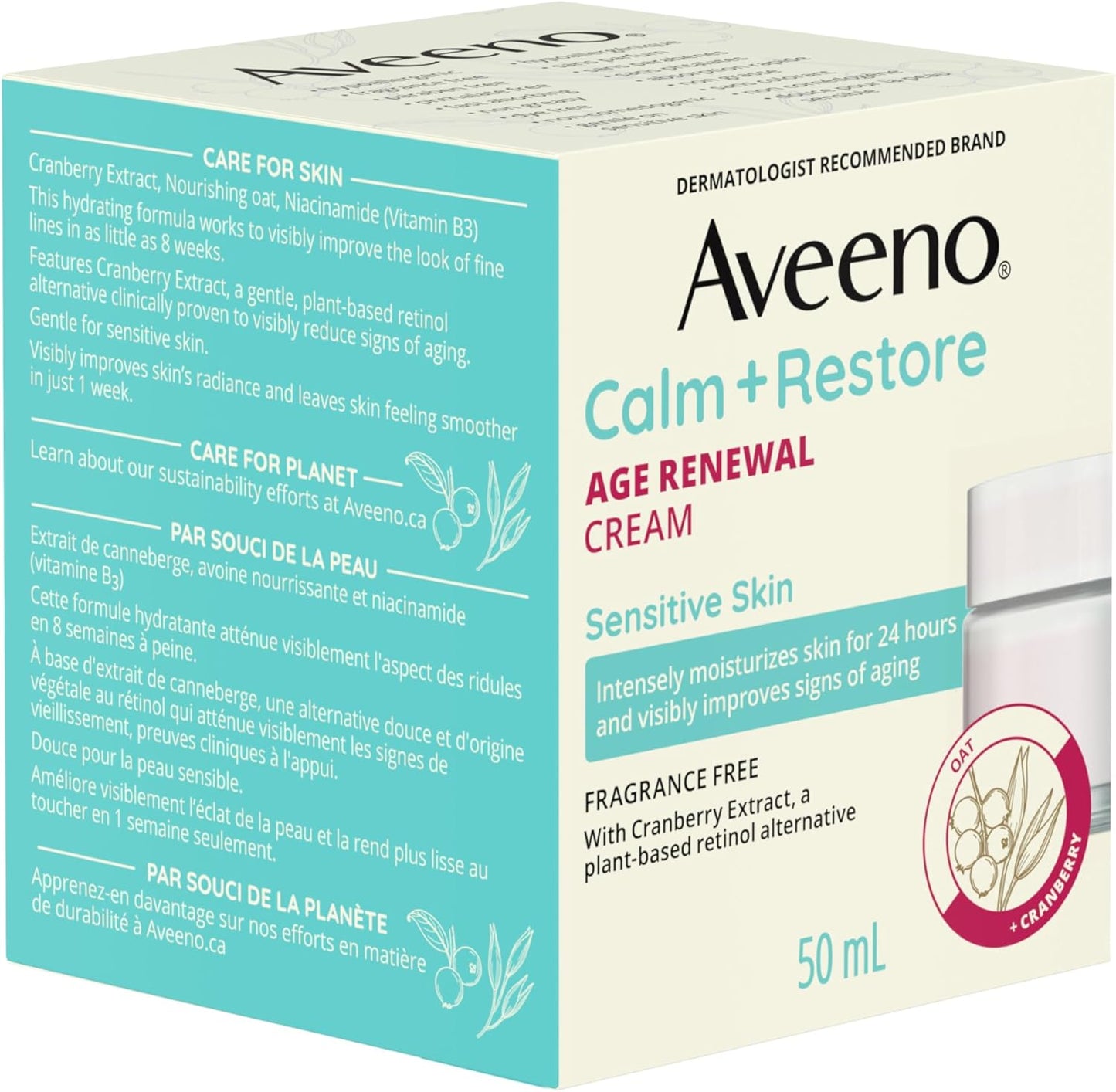 Aveeno Calm + Restore 抗衰老焕肤霜,燕麦、烟酰胺、天然视黄醇替代品,抗衰老干性皮肤保湿霜,无香型,50 毫升