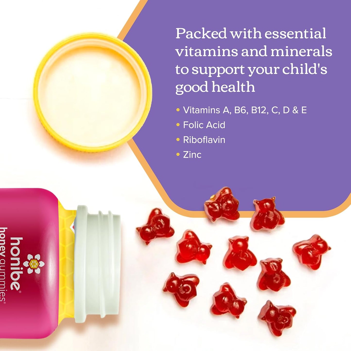 Honibe 兒童複合維生素軟糖,增強免疫力 | 加拿大製造蜂蜜維生素 | 兒童咀嚼軟糖維生素 | 兒童素食維生素軟糖 | 兒童鋅維生素小蜜蜂軟糖 | 70 粒軟糖