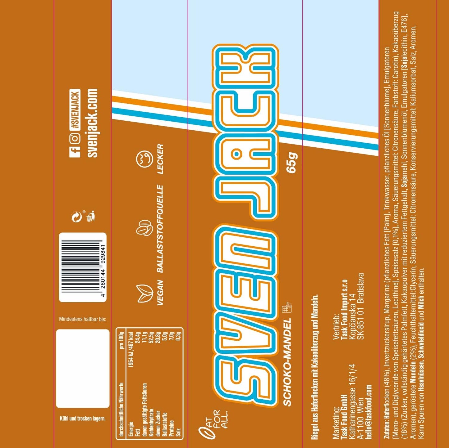 SvenJack Vegan Oat Bar Chocolate Almond - 24 × 125g - High‑Fibre, Low‑Sugar, Gluten‑Free Oatmeal Energy Snack with Almonds & Dark Chocolate Coating