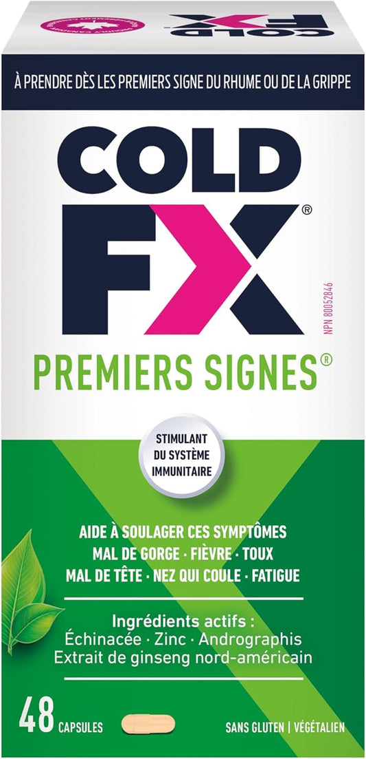 COLD-FX First Signs,有助於緩解喉嚨痛、發燒、咳嗽、頭痛、流鼻涕、疲勞等症狀,北美人參萃取物、紫錐菊、穿心蓮和鋅,48 粒素食膠囊
