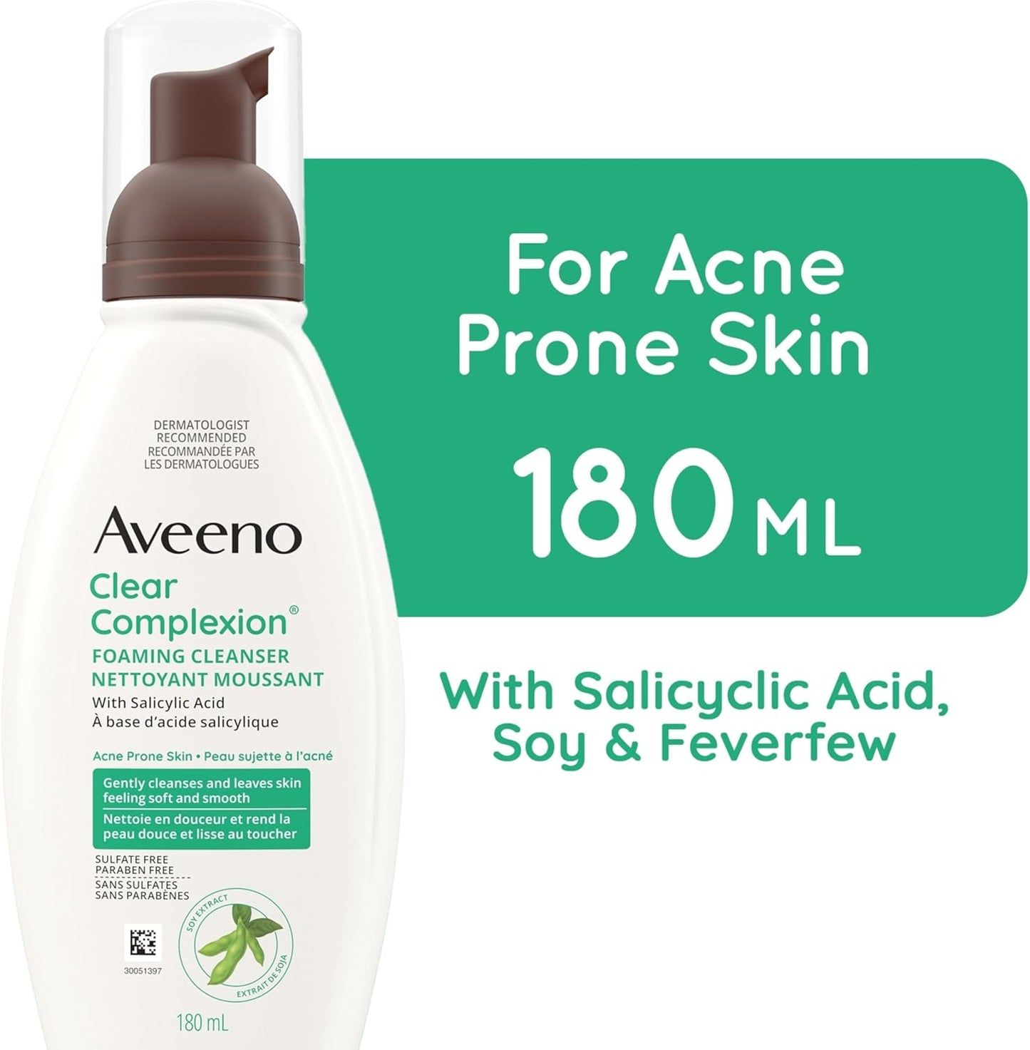 Aveeno Clear Complexion Foaming Cleanser, Acne Prone Skin, Scar, Acne Treatment, Hypoallergenic, 180-mL