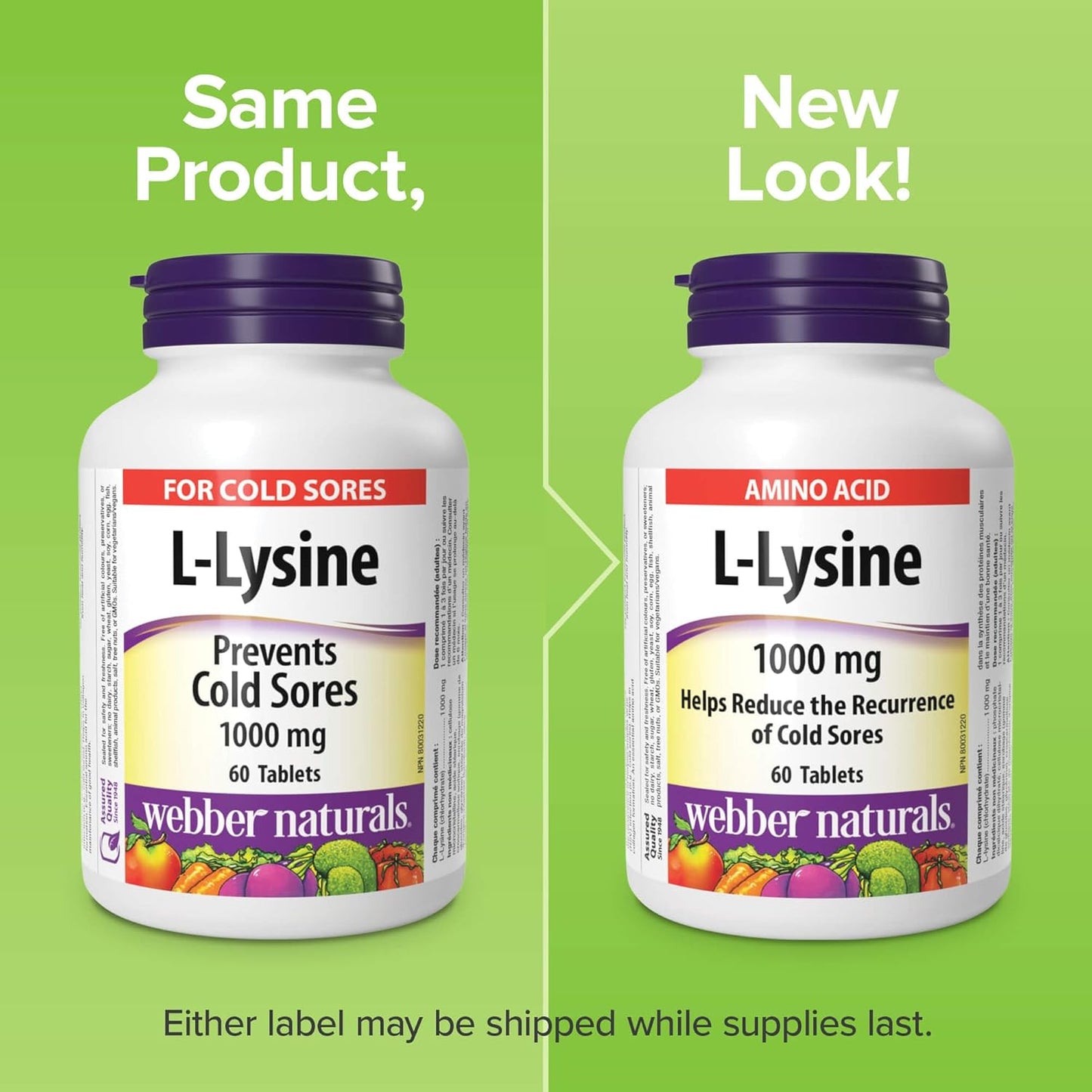 Webber Naturals L-賴氨酸 1000 毫克,60 片,預防唇皰疹,純素