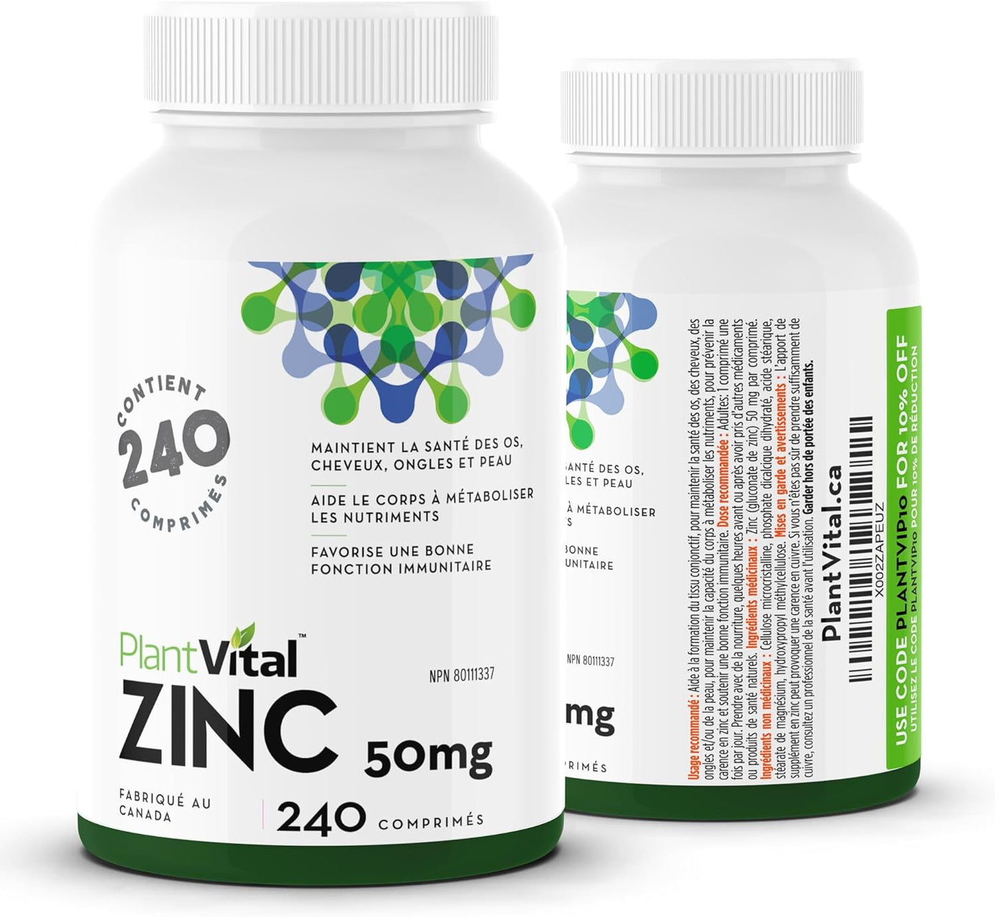 PlantVital Zinc Supplements - Made in Canada - 50mg (240 Count) - Immune Support, Healthy Bones, Hair, Nail and Skin with Zinc Gluconate 50mg - Made in Canada - Additive-Free - 240 Zinc Tablets
