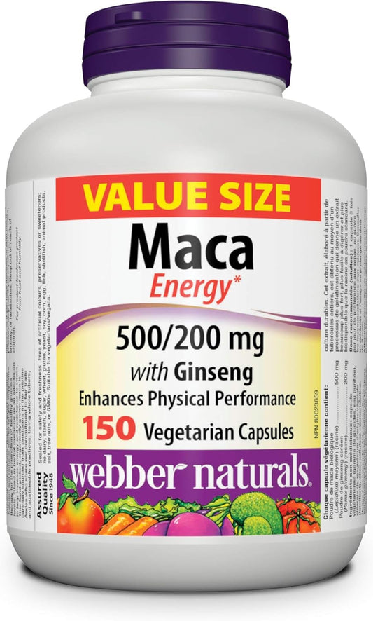 Webber Naturals 玛卡能量胶囊,含人参,150 粒素食胶囊,含 10,000 微克生物素,强效,120 粒胶囊,支持健康的头发、皮肤和指甲,促进能量代谢,素食