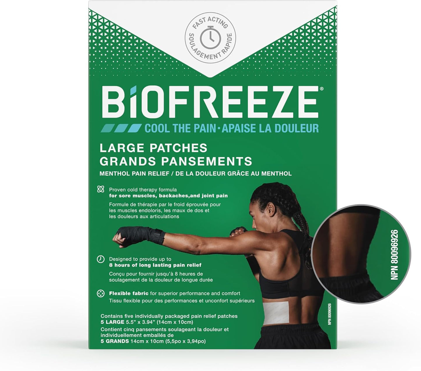 Biofreeze Patches (5 Large Size), Penetrating Pain Relief for Sore Muscles, Arthritis, Backaches, and Sore Joints, Fast Acting, Long Lasting, Cooling Menthol Formula, Mess Free Application, Flexible Fabric for Comfort,