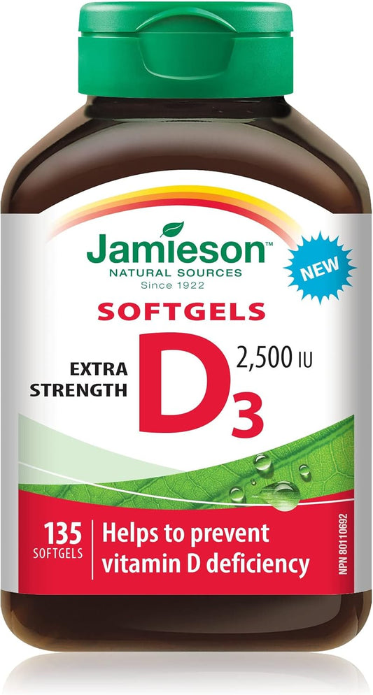 Jamieson 维生素 D3 2,500 IU 软胶囊,易于吞咽,支持免疫健康,强健骨骼和牙齿,增强钙和磷的吸收。非转基因,无麸质,每日一粒,135 粒,加拿大制造