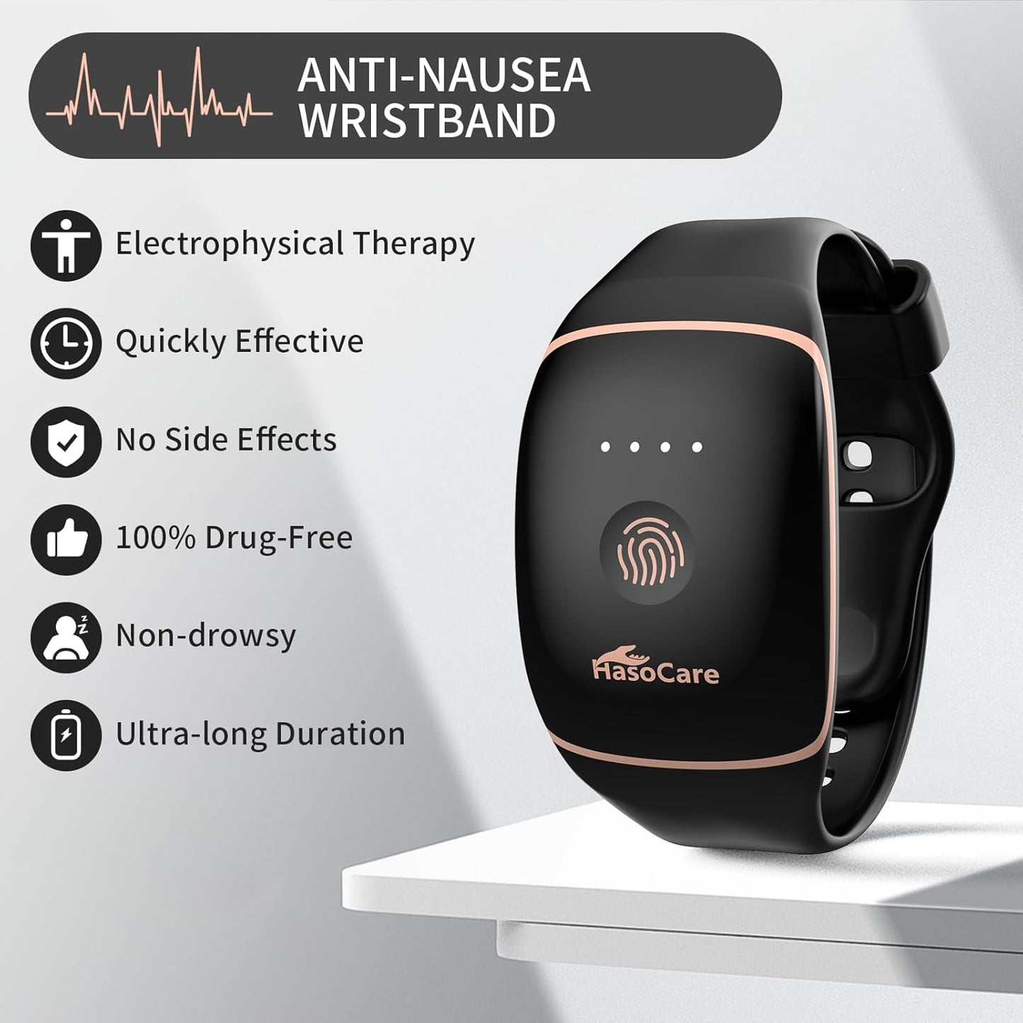 經皮電刺激裝置、防噁心腕帶、暈動病腕帶、暈動病(汽車、飛機、海上)和晨吐的嘔吐緩解劑,不含藥物且無副作用