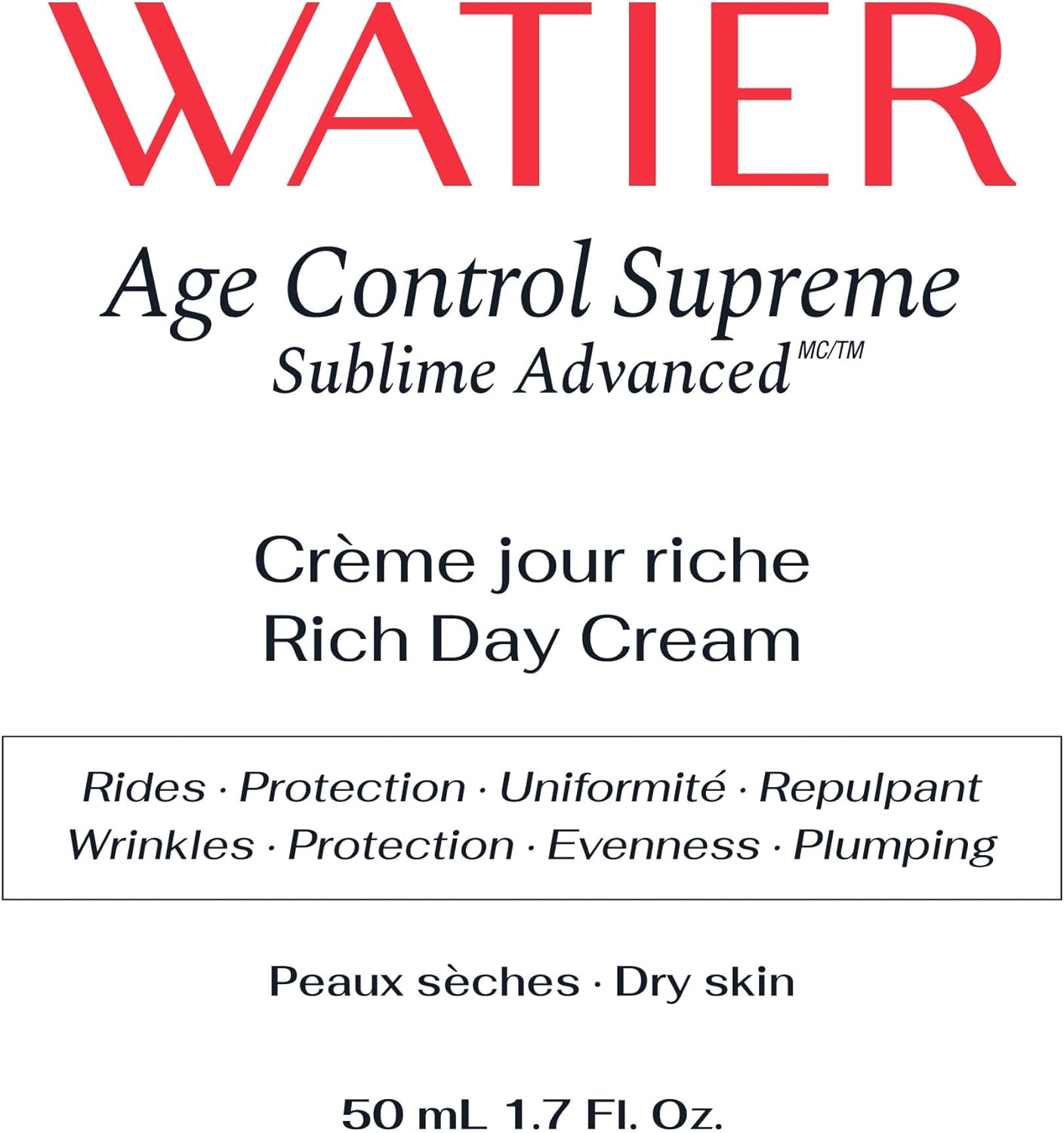Watier Age Control Supreme Sublime Advanced Rich Day Cream,全球抗衰老护肤品,抗衰老霜,强效滋养,平滑和丰盈,干性皮肤,50 毫升