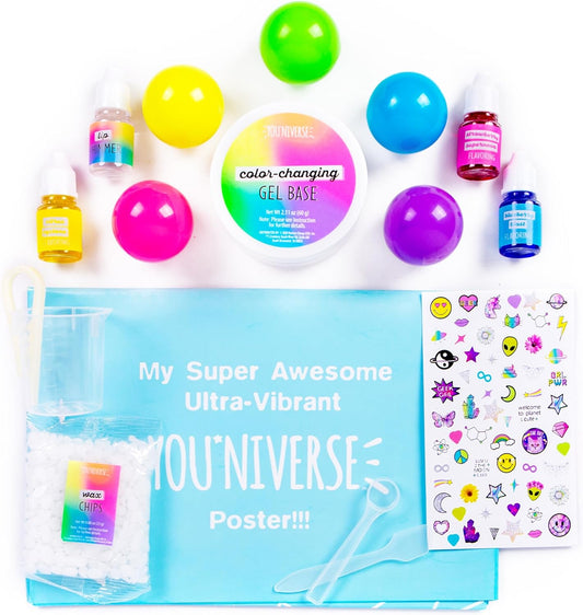 YOUniverse 变色润唇膏,自制 5 支润唇膏(3 种趣味口味),青少年专用唇彩套装,趣味 DIY 彩妆套装,适合 6 岁及以上儿童的精美礼品套装,STEAM 手工套装