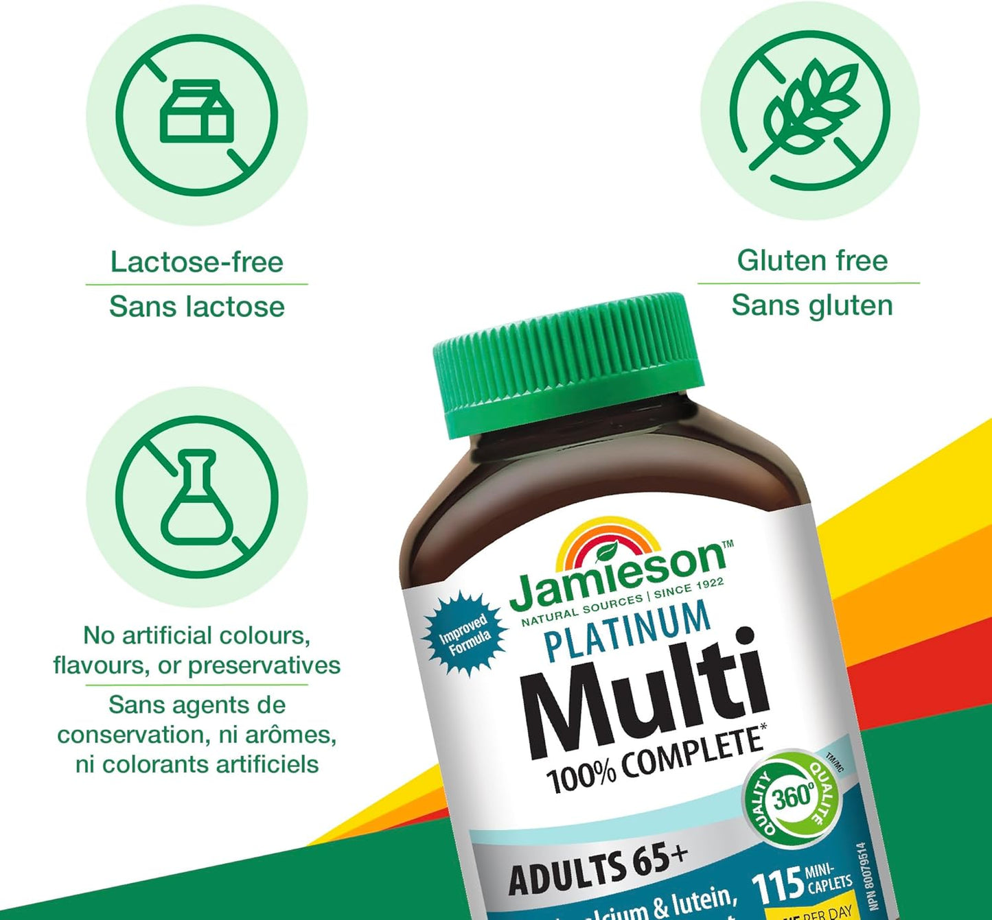 Jamieson 100% 複合維生素鉑金片,適合 65 歲以上成人,含番茄紅素、葉黃素及其他免疫支持成分。支持能量、眼部健康、骨骼健康和整體健康,無麩質,每日一片,115 粒迷你膠囊