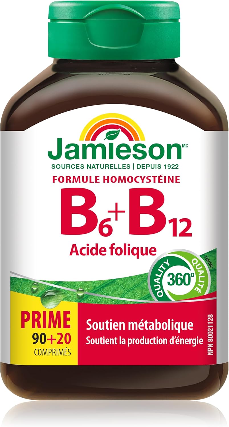 Jamieson 维生素 B6 75 微克、维生素 B12 150 微克和叶酸 800 毫克片剂,天然提升能量,增强免疫功能,促进健康孕期和胎儿发育。素食,无麸质,110 片装