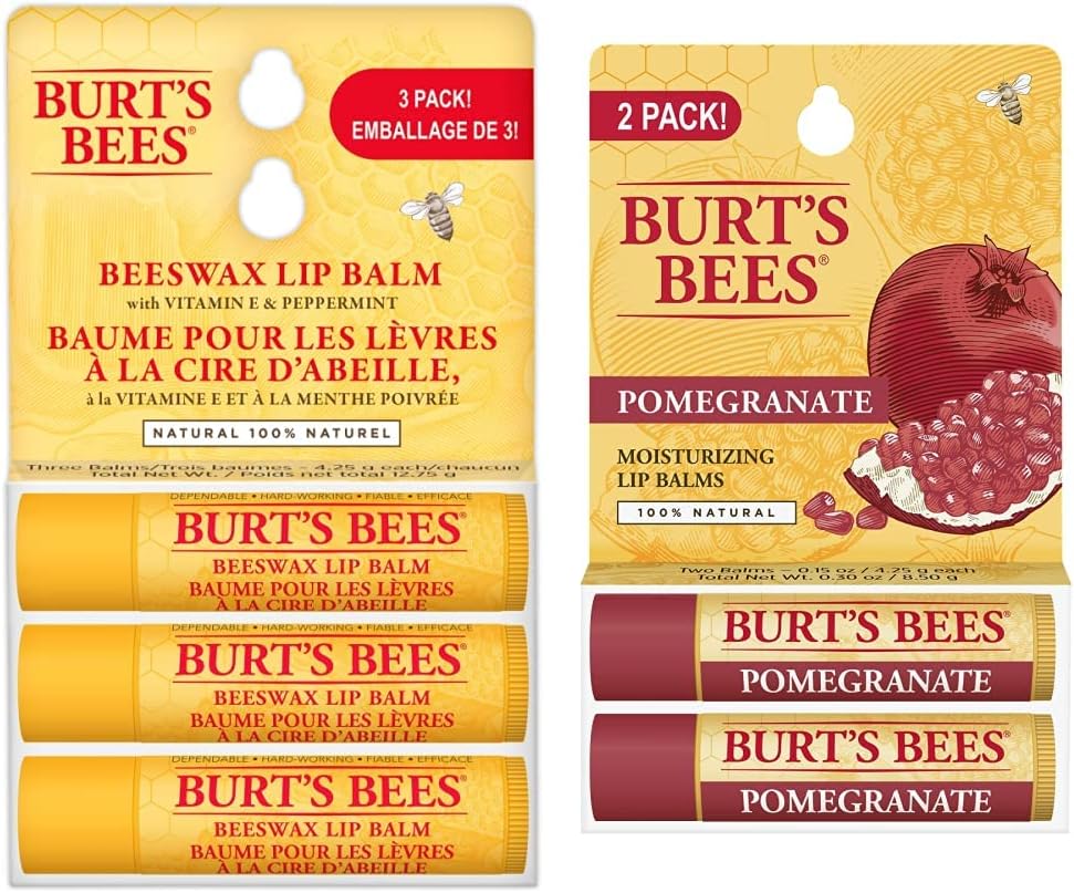 Burt's Bees 保濕潤唇膏,適用於乾裂嘴唇,100% 天然成分 | 原廠蜂蠟 + 石榴 | 5 支裝超值裝