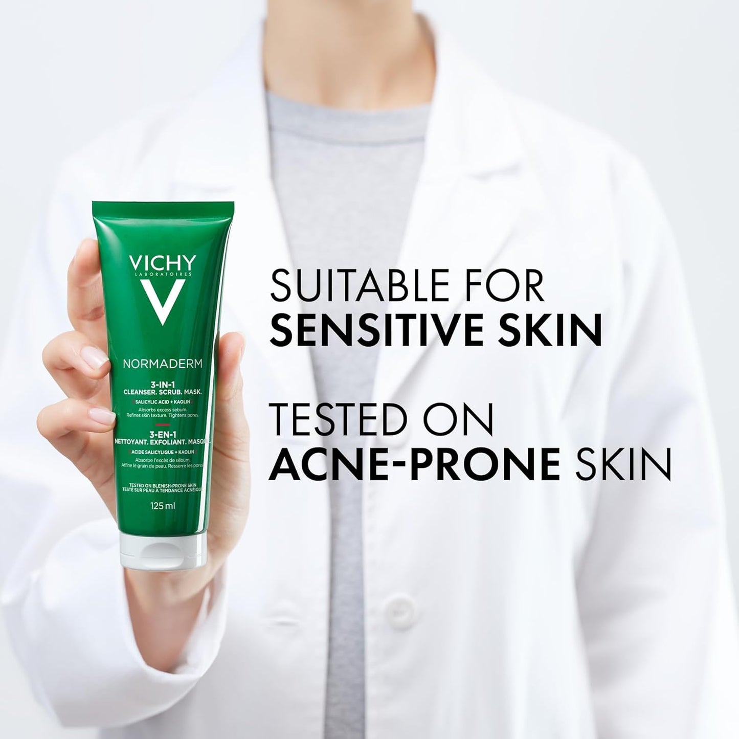 Vichy Normaderm 三合一去角质磨砂膏、洁面乳和护肤面膜。适用于油性肌肤和敏感性肌肤,含水杨酸和乙醇酸,125毫升