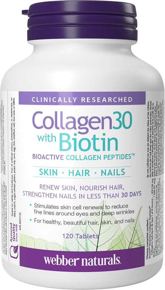 Webber Naturals Collagen30 含生物素,每份含 2,500 毫克生物活性膠原蛋白勝肽和 5,000 微克生物素,120 片,為皮膚、頭髮和指甲提供高級滋養