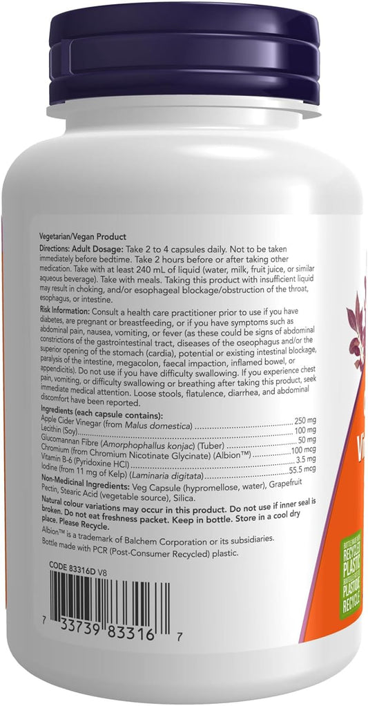 NOW Supplements, Cider Vinegar, with Grapefruit, Lecithin, B-6, Chromium, Kelp & Glucomannan (from Konjac Root), 180 Veg Capsules