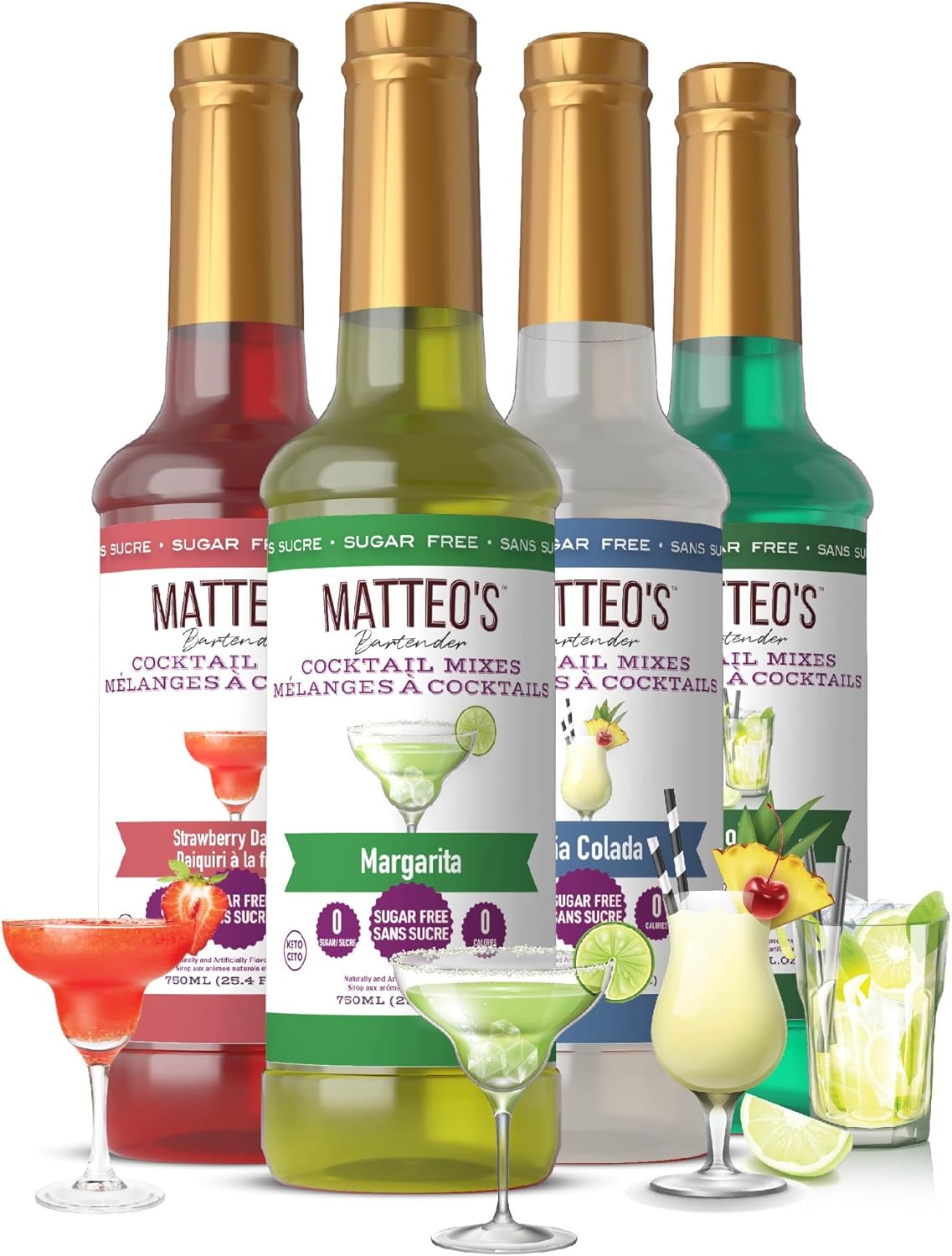 Matteo 的无糖鸡尾酒混合料 - 多种包装 - 零糖调酒师灵感鸡尾酒 - 饮料调味糖浆 - 调味糖浆 - 派对的理想选择 - 不含酒精 - 25.4 盎司,4 包