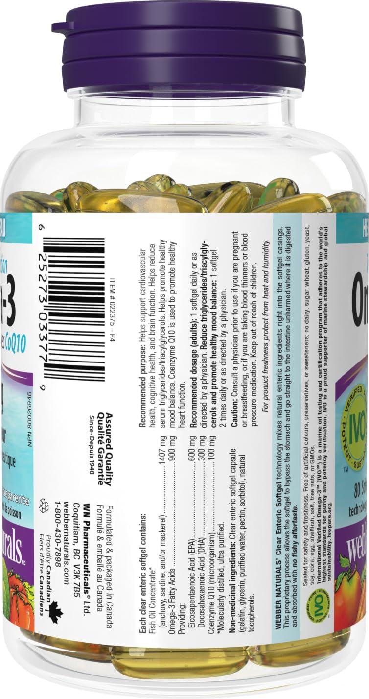 Webber Naturals Omega-3 輔酶 Q10,80 粒透明腸溶軟膠囊,無魚腥味,支持心血管健康和大腦功能