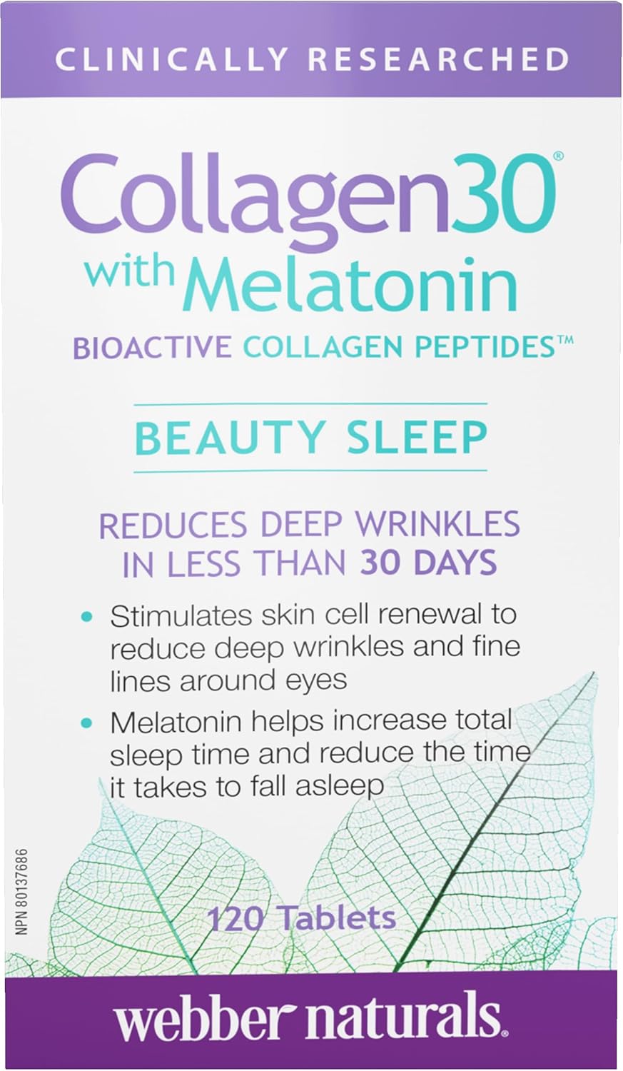 Webber Naturals Collagen30 含褪黑激素,每份含 2,500 毫克生物活性膠原蛋白勝肽和 3 毫克褪黑激素,120 片,有助於減少深層皺紋和細紋,促進睡眠