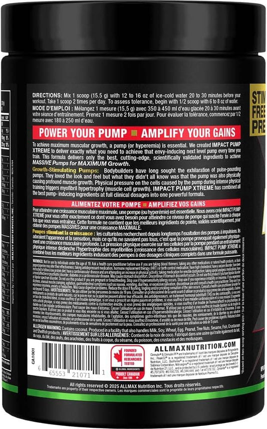 ALLMAX Nutrition Impact Pump Xtreme,酸味軟糖 - 465 克 - 無刺激性運動前配方 - 支持泵血、耐力和補水 - 最多 30 份