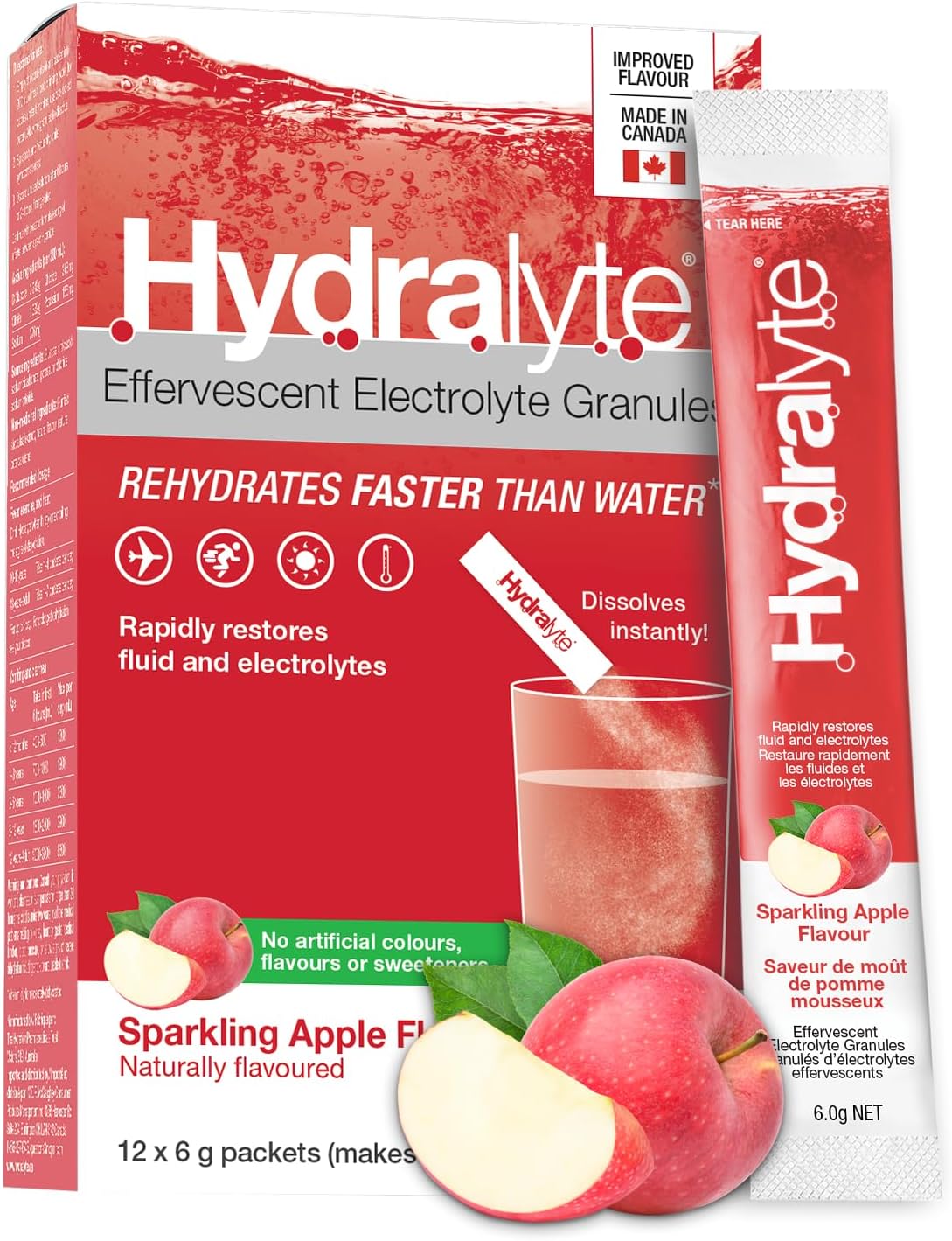 HydraLyte Electrolyte Powder, Low Sugar Electrolyte Sticks Designed for Rapid Hydration, Safe Hydration for All Ages - Made with All Natural Ingredients, 12 Servings, Sparkling Apple Flavour