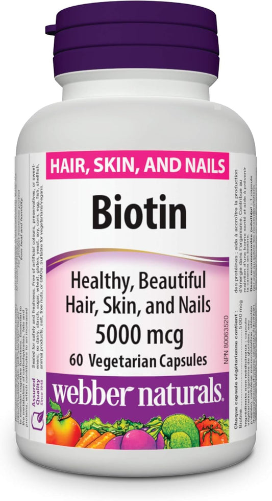 Webber Naturals 生物素 5000 微克,60 粒素食膠囊,支持健康的頭髮、皮膚和指甲,促進能量代謝,純素